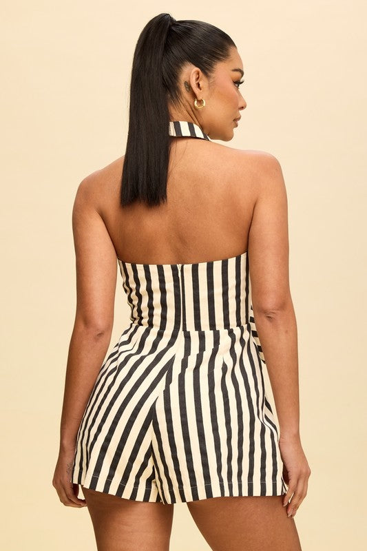 Stripe Halter Front Tie Romper