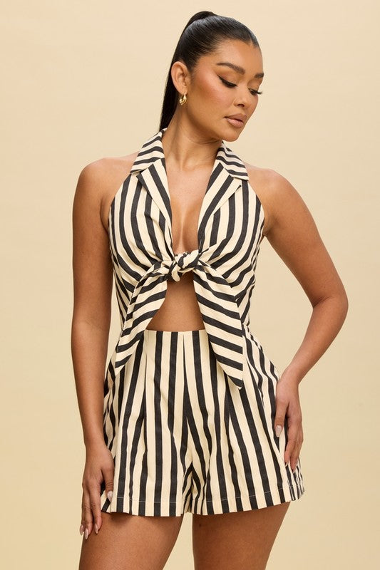 Stripe Halter Front Tie Romper